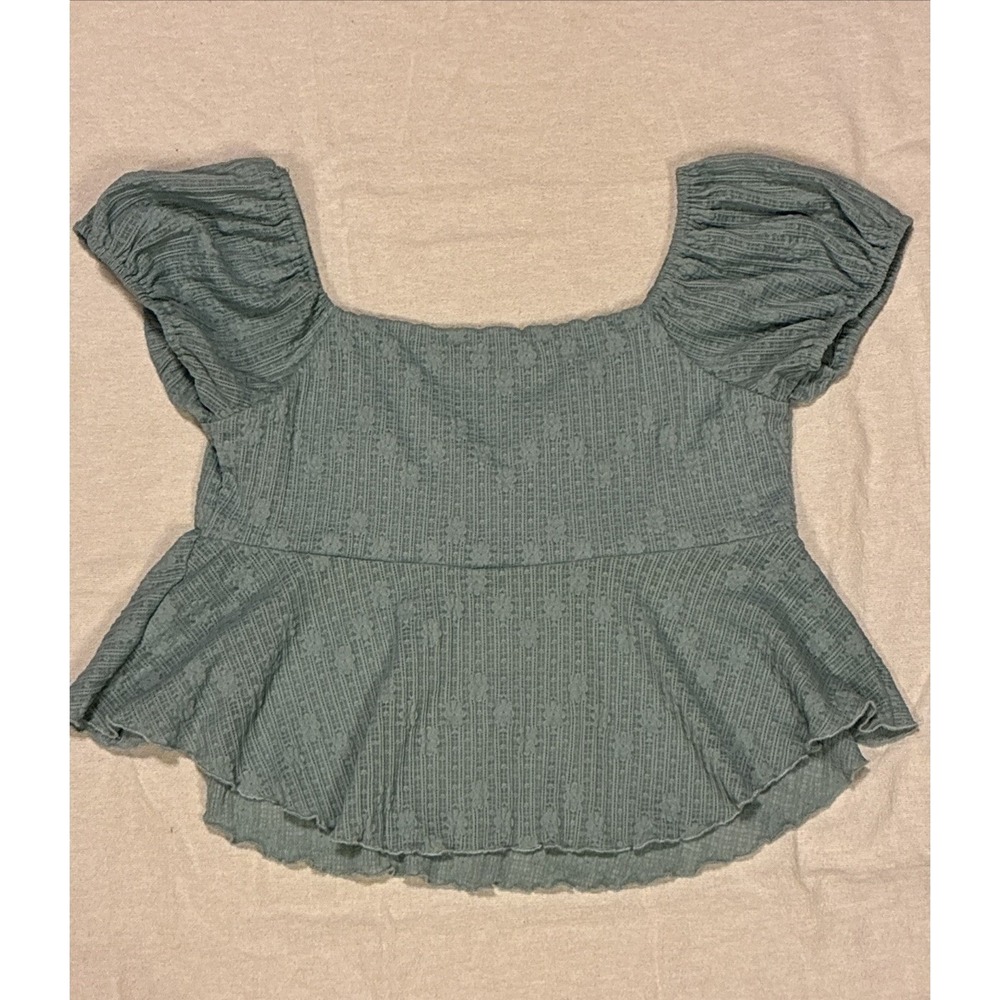 Women's Top XL Green Baby doll Puff Sleeve V-Neck Bow Pastel Milkmaid Coquette - Picture 7 of 8